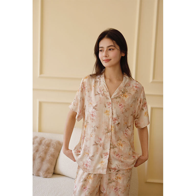 Cotton Satin Romantic Adenium Obesum Printing Lapel Pajamas Suit