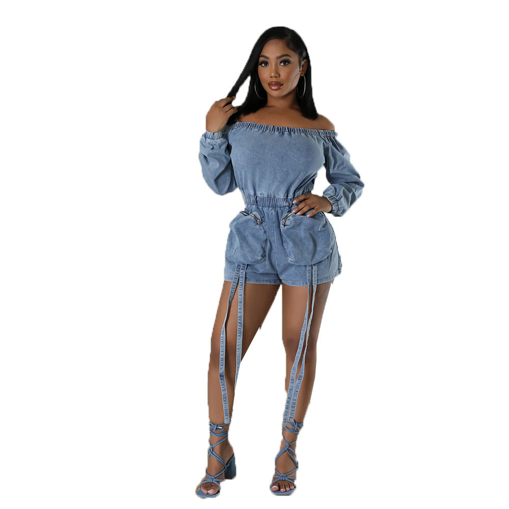 Women's Pocket Denim Sexy Wash Short Wrapped Chest Elastic Waist Jumpsuit