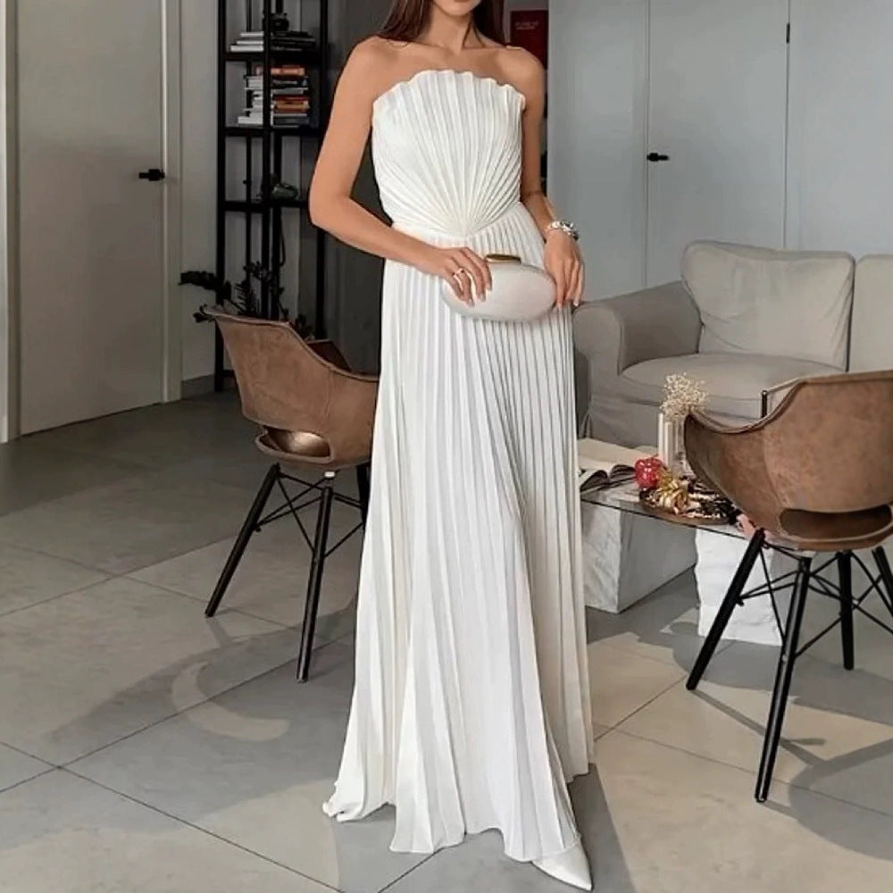Summer Sexy Elegant Women's Solid Color Folding Swing Party Pleated Temperament Pure Color Jumpsuit