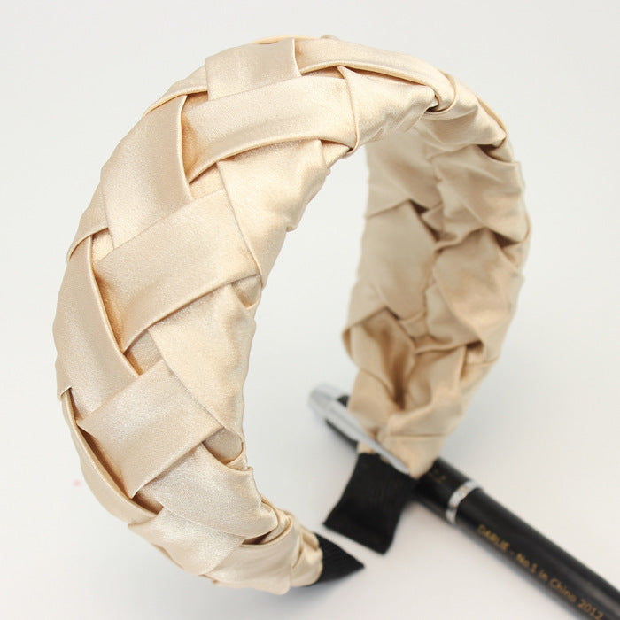 Faux Silk Plaid Satin Crumpled Solid Color Wide-Brimmed Headband