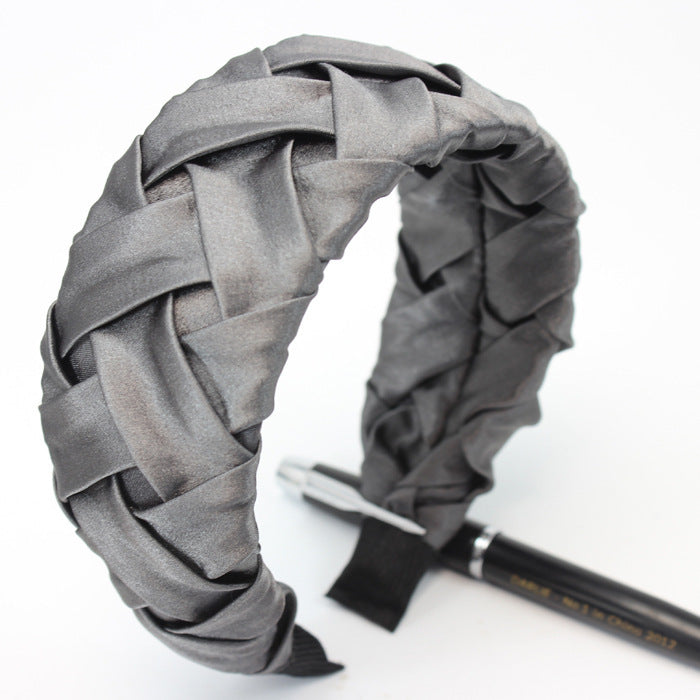Faux Silk Plaid Satin Crumpled Solid Color Wide-Brimmed Headband