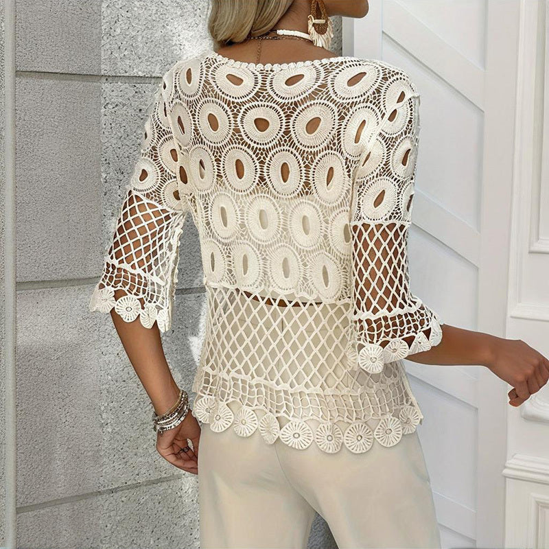 Women's Solid Color Round Neck Crochet Knit Top - Lace Half Sleeve Summer Cover Up With Sheer Cutout Design