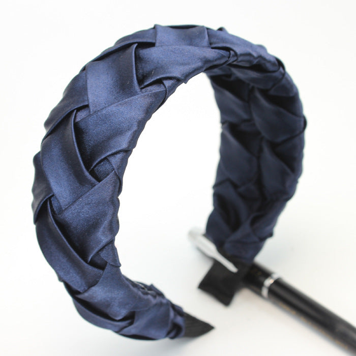 Faux Silk Plaid Satin Crumpled Solid Color Wide-Brimmed Headband