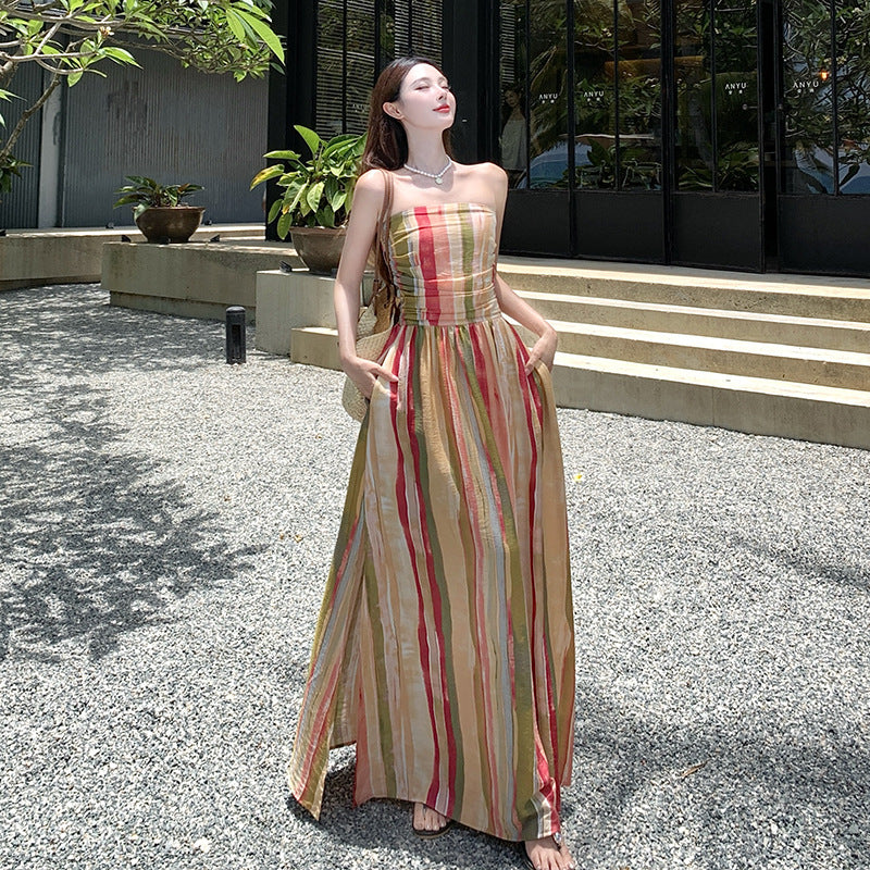 Waist Slimming Elegant Long Pure Style Tube Top Vacation Style Dress
