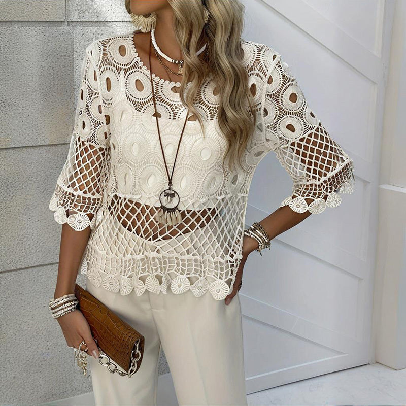 Women's Solid Color Round Neck Crochet Knit Top - Lace Half Sleeve Summer Cover Up With Sheer Cutout Design