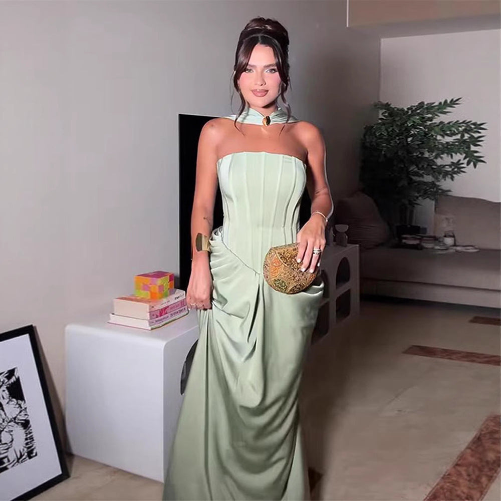 Tube Top Cinched Waist Pleated Dress