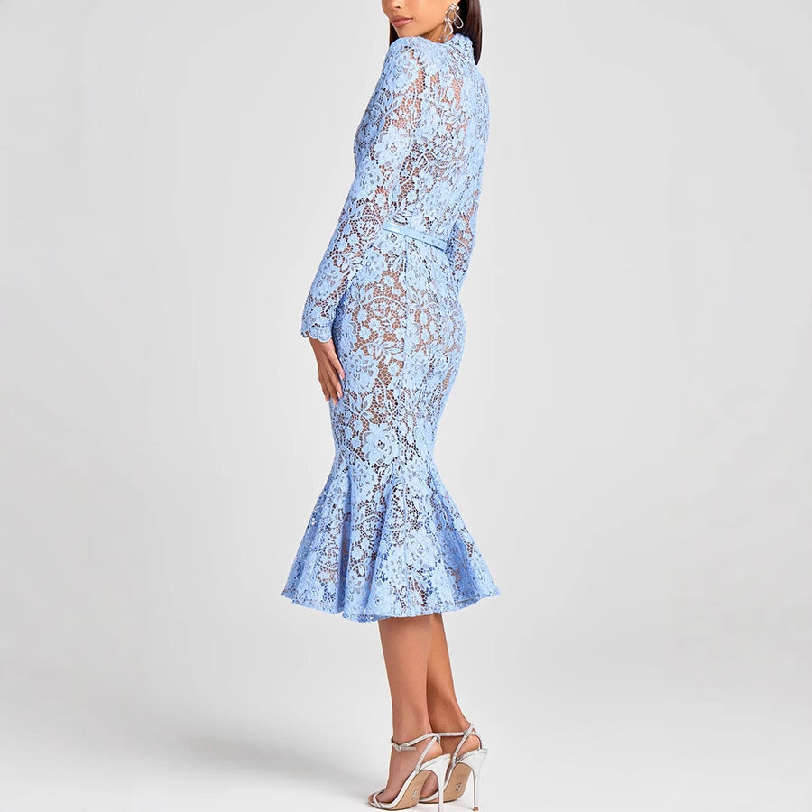 Slim Fit Slimming See-through Lace Hollow Belt Long Sleeve Fishtail Dress