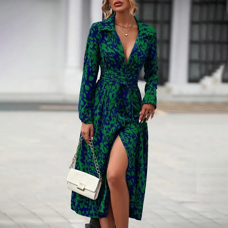 Women's Elegant V-Neck Belted Slit Dress With Leopard Print & Button Details Comfortable Spring & Fall Blend