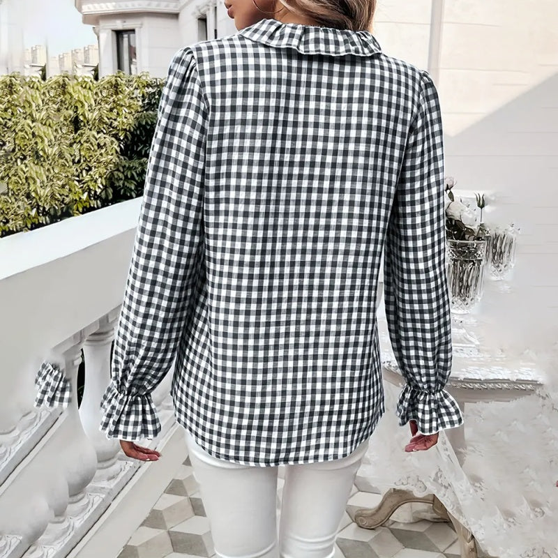 Women's French Style Checkered Button-Up Shirt - Elegant Plaid Pattern, Stand Collar With Ruffled Cuffs, Comfortable Wear