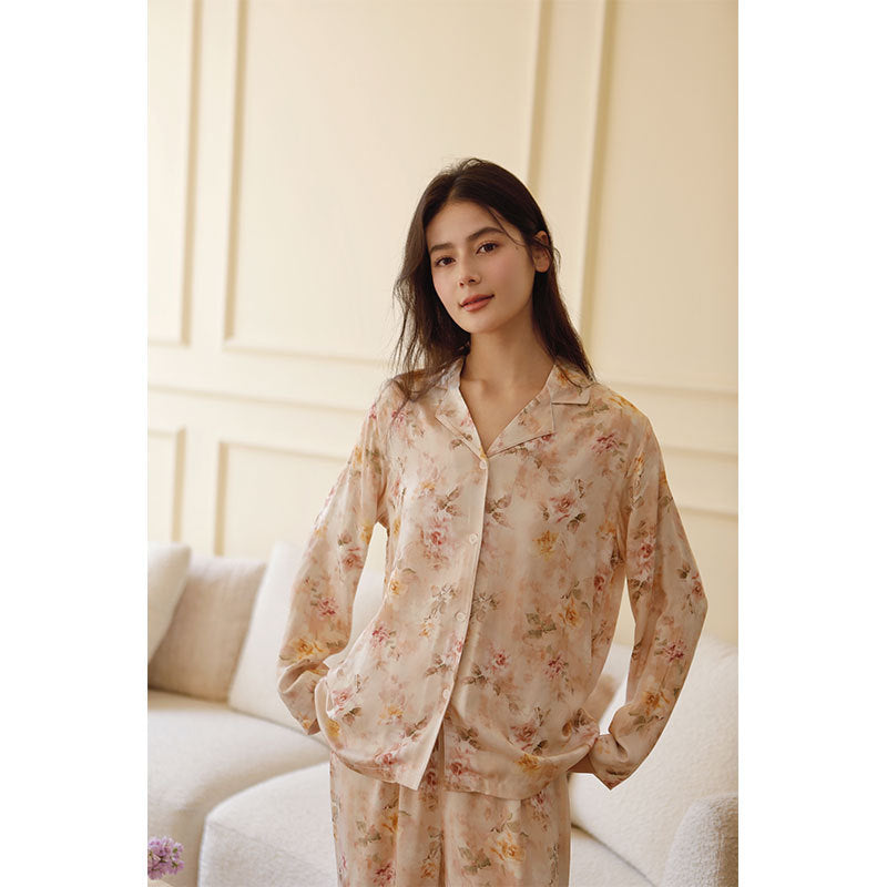 Cotton Satin Romantic Adenium Obesum Printing Lapel Pajamas Suit