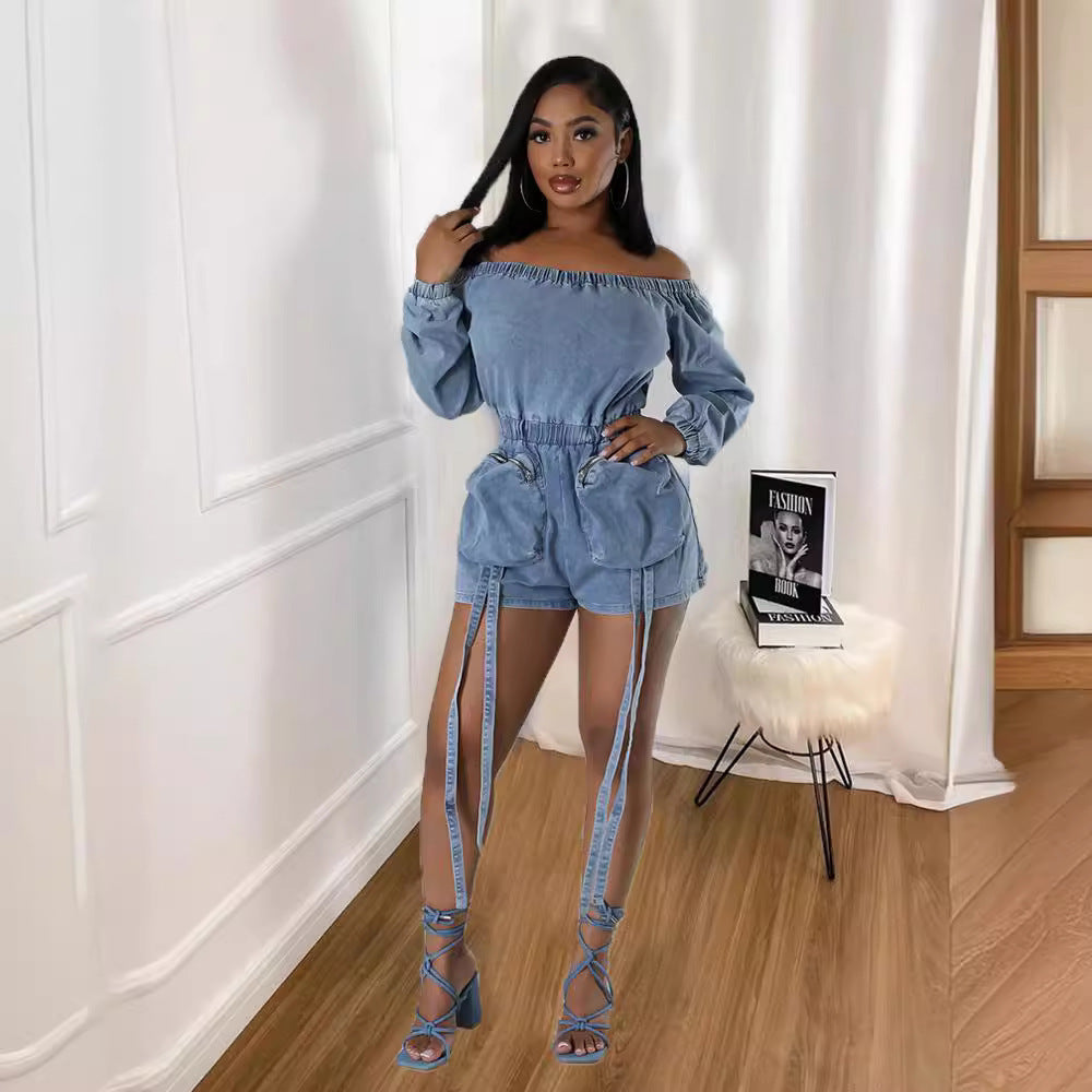 Women's Pocket Denim Sexy Wash Short Wrapped Chest Elastic Waist Jumpsuit