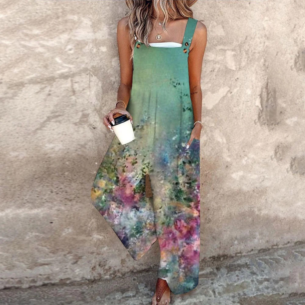 Summer Women's Vintage Print Jumpsuit European And American Loose Sleeveless
