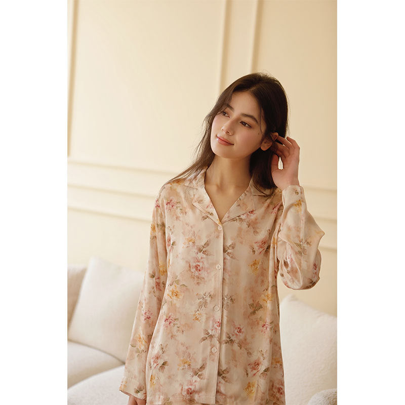 Cotton Satin Romantic Adenium Obesum Printing Lapel Pajamas Suit