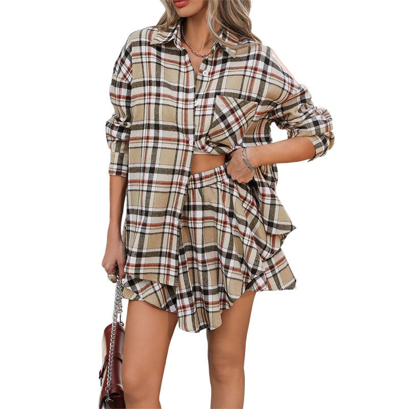 Plaid Skirt Casual Polo Collar Shirt Two-piece Suit