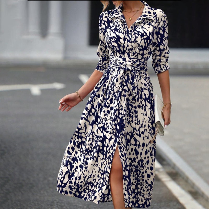 Women's Elegant V-Neck Belted Slit Dress With Leopard Print & Button Details Comfortable Spring & Fall Blend