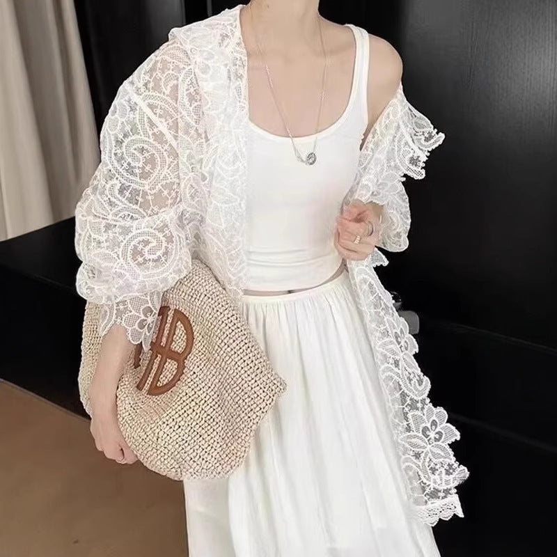French Romantic White Lace Crocheted Sun Protection Shirt For Women