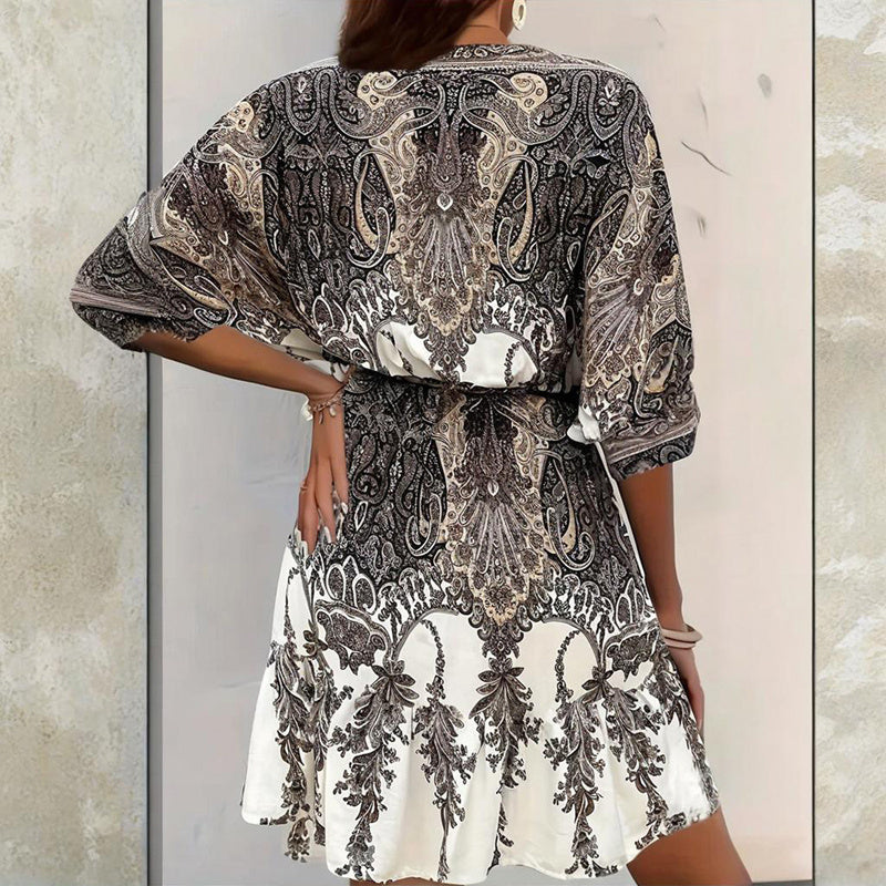 Women's Vintage Floral Butterfly Print Dress - Batwing Sleeve, Deep V-Neck & Ruffle Waist With Tie Detail