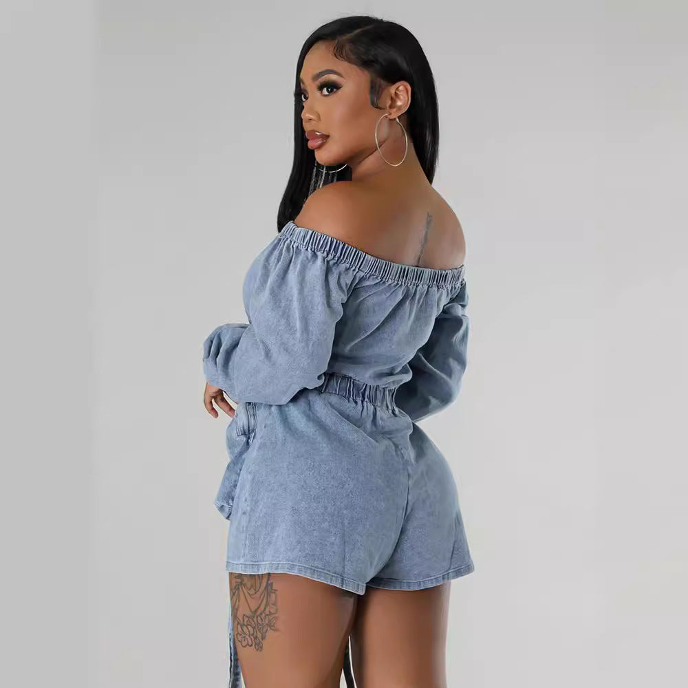 Women's Pocket Denim Sexy Wash Short Wrapped Chest Elastic Waist Jumpsuit