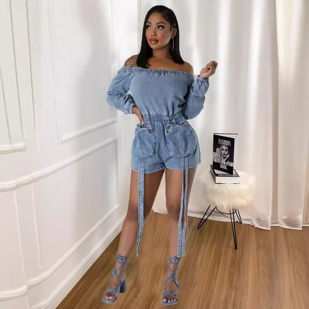 Women's Pocket Denim Sexy Wash Short Wrapped Chest Elastic Waist Jumpsuit