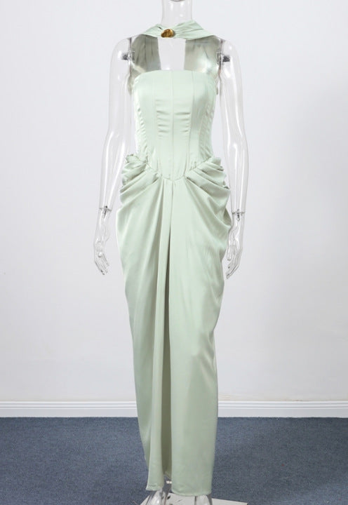 Tube Top Cinched Waist Pleated Dress