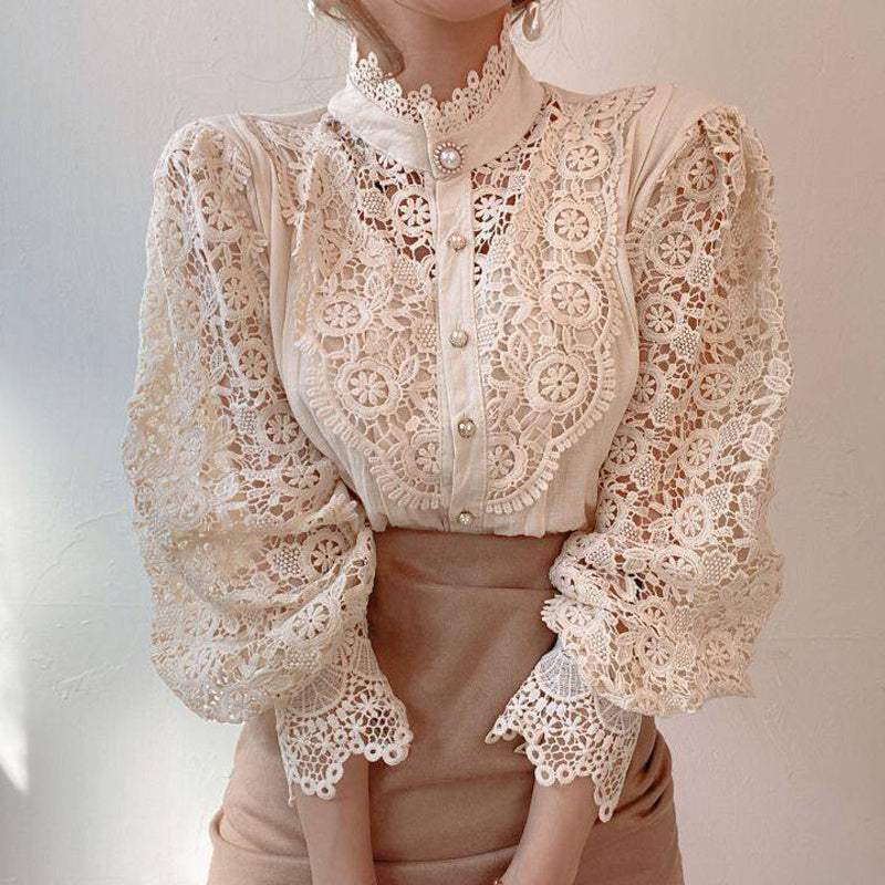 Elegant Women's Vintage Pearl Button Lace Blouse - Puff Sleeve Semi-Sheer Ruffled Stand Collar Shirt Spring&Summer Office & Vacation Top