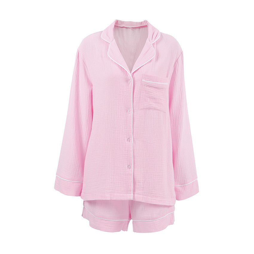 Women's Cotton Stitching Cardigan Pajamas Suit Long Sleeve Shorts Homewear