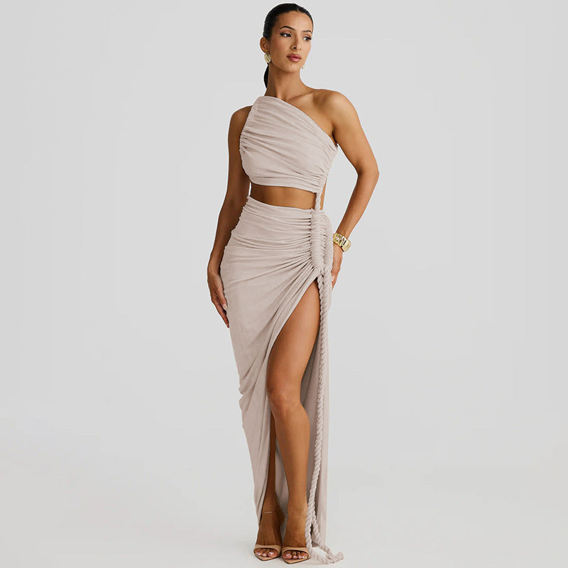 Fashion One Shoulder Tube Top Backless Hollow Tether Ruched Dress