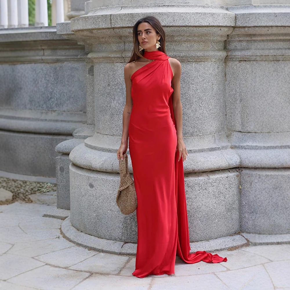 Summer Women's Elegant Lady Sleeveless Halter Backless Ribbon Dress For Women
