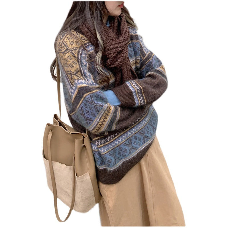 Retro Crew Neck Woolen Sweater For Women Thick Loose Idle Style