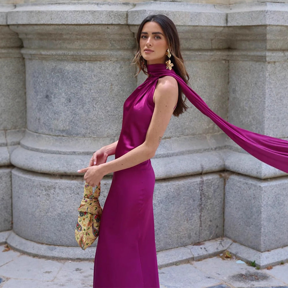 Summer Women's Elegant Lady Sleeveless Halter Backless Ribbon Dress For Women