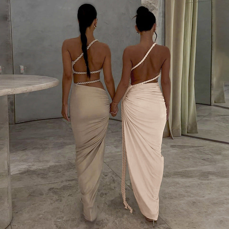 Fashion One Shoulder Tube Top Backless Hollow Tether Ruched Dress