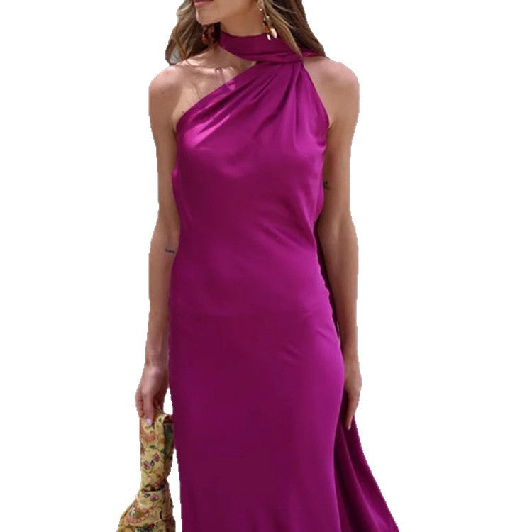 Summer Women's Elegant Lady Sleeveless Halter Backless Ribbon Dress For Women