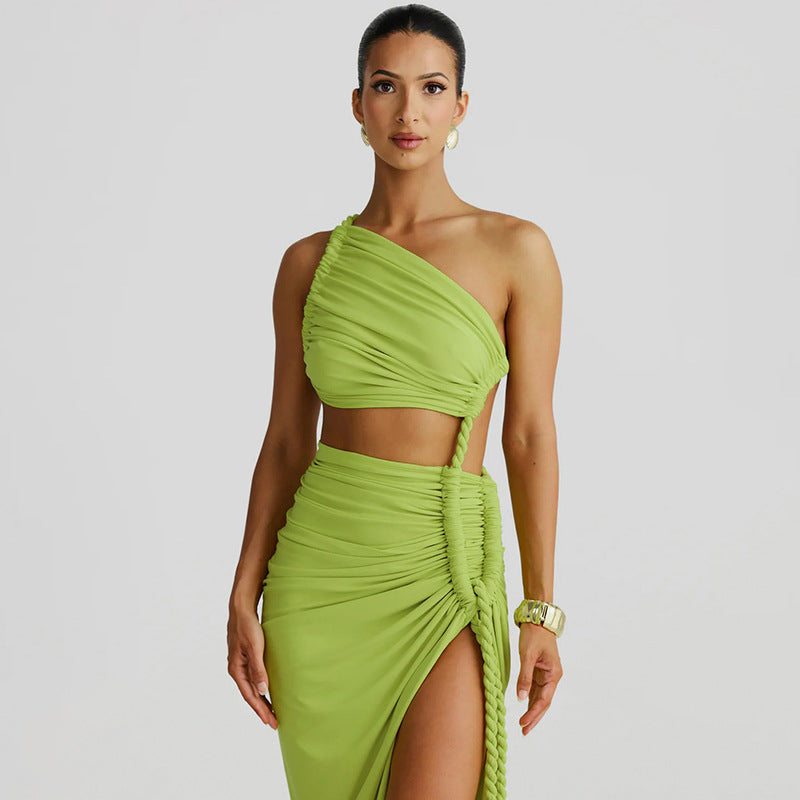 Fashion One Shoulder Tube Top Backless Hollow Tether Ruched Dress