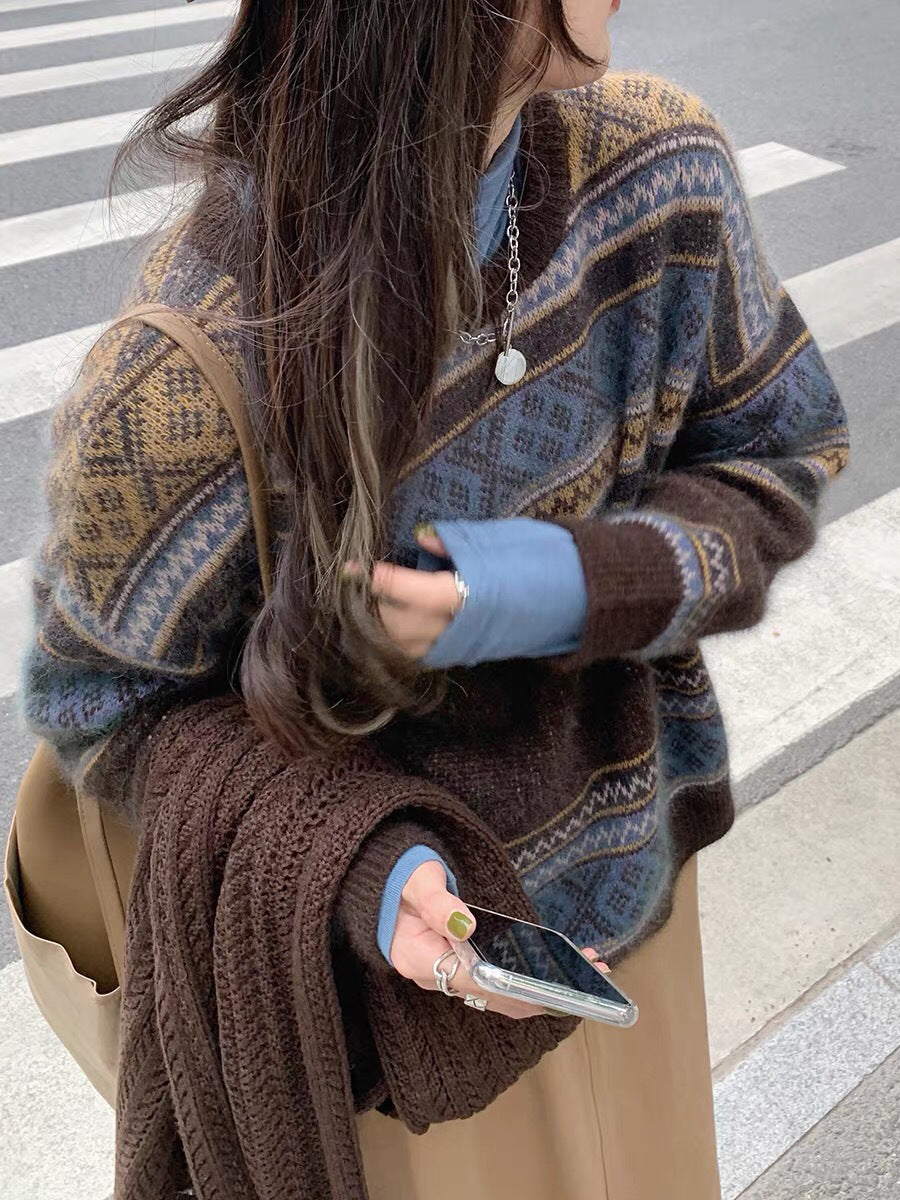 Retro Crew Neck Woolen Sweater For Women Thick Loose Idle Style
