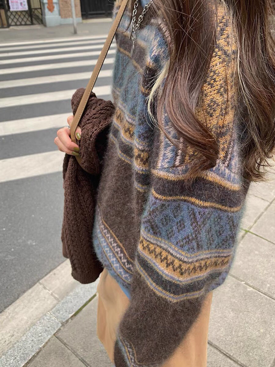 Retro Crew Neck Woolen Sweater For Women Thick Loose Idle Style