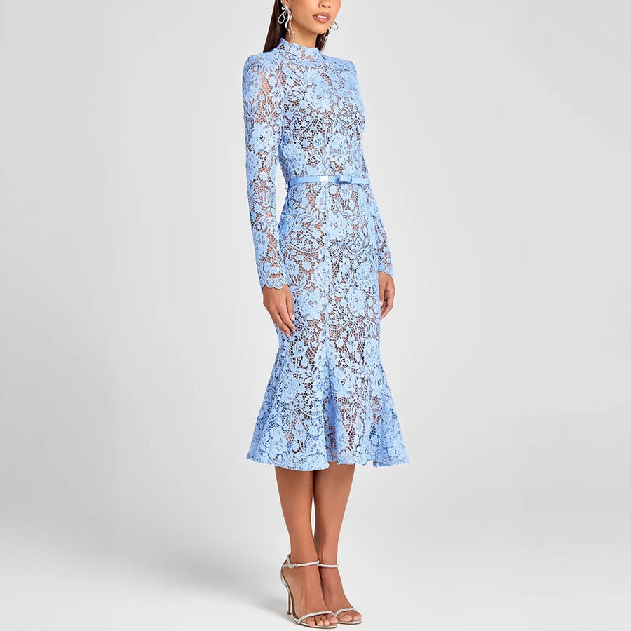 Slim Fit Slimming See-through Lace Hollow Belt Long Sleeve Fishtail Dress