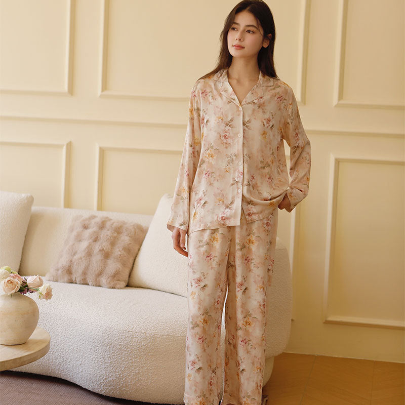 Cotton Satin Romantic Adenium Obesum Printing Lapel Pajamas Suit