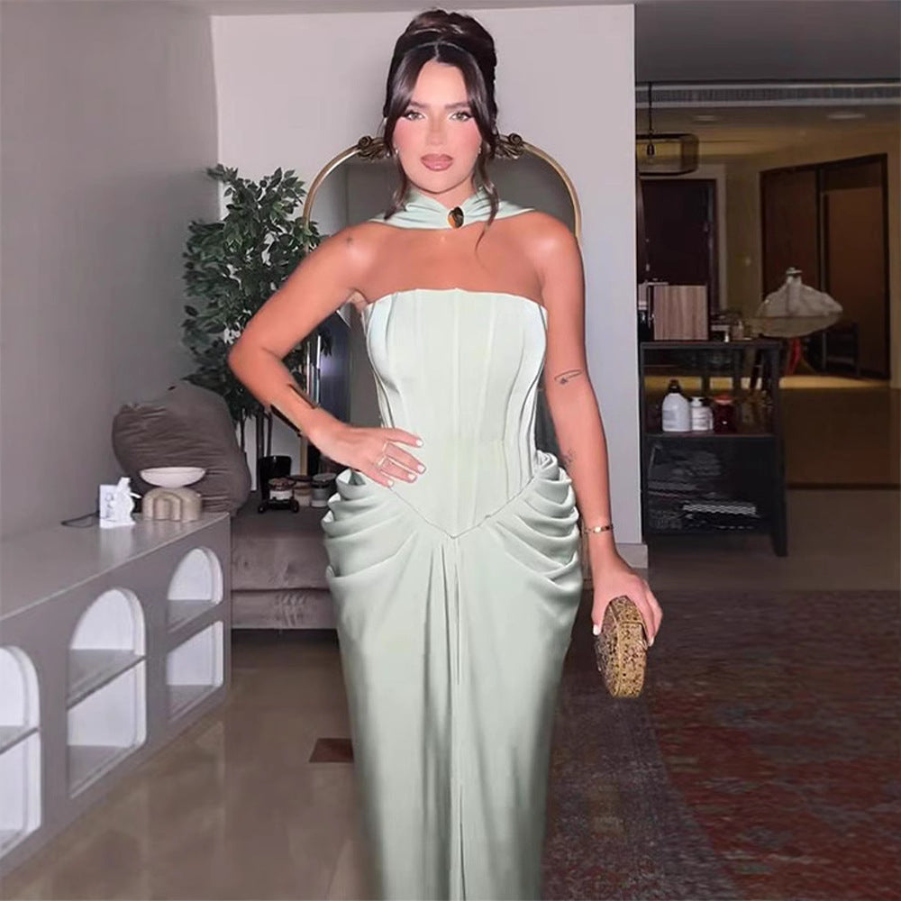 Tube Top Cinched Waist Pleated Dress