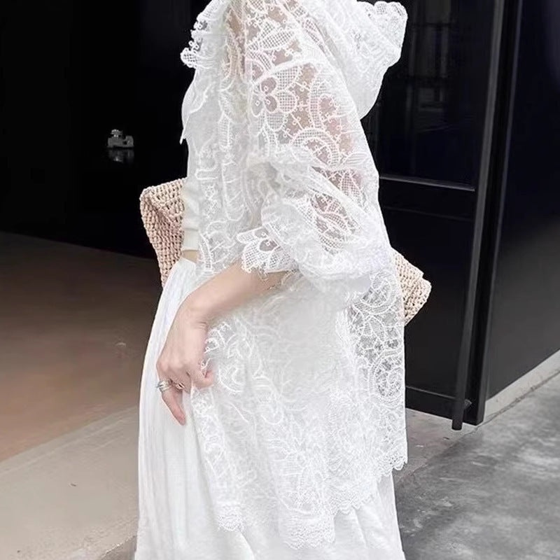 French Romantic White Lace Crocheted Sun Protection Shirt For Women