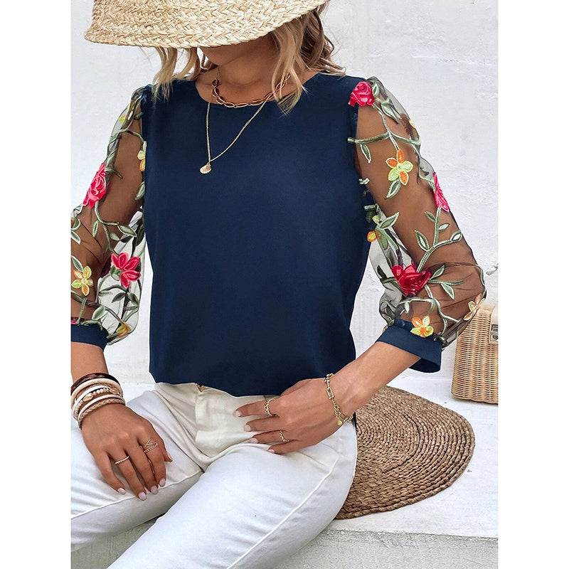 Women's Floral Embroidery Contrast Mesh Puff Sleeve Crew Neck Tee Shirt Tops