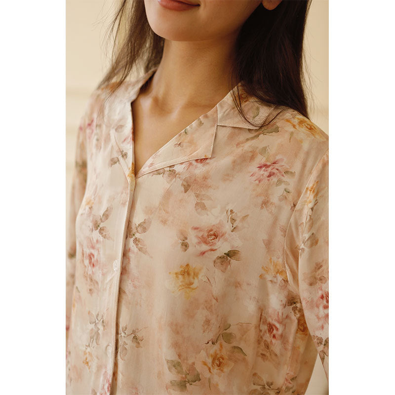 Cotton Satin Romantic Adenium Obesum Printing Lapel Pajamas Suit