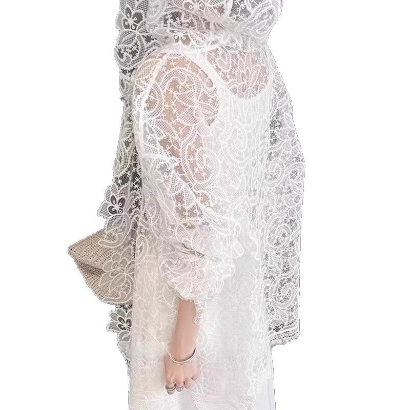 French Romantic White Lace Crocheted Sun Protection Shirt For Women