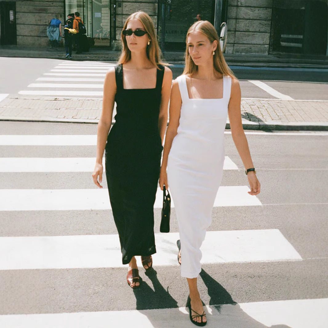Simple Solid Color Square Collar Sling Dress