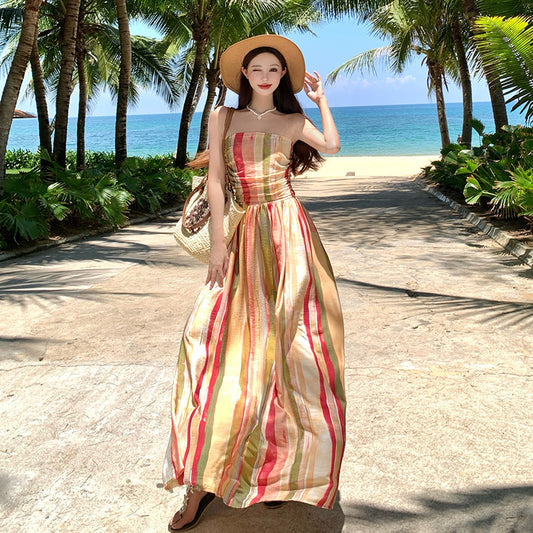 Waist Slimming Elegant Long Pure Style Tube Top Vacation Style Dress