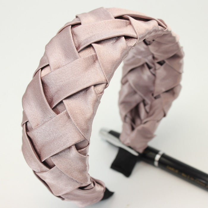 Faux Silk Plaid Satin Crumpled Solid Color Wide-Brimmed Headband