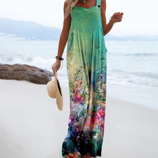Summer Women's Vintage Print Jumpsuit European And American Loose Sleeveless