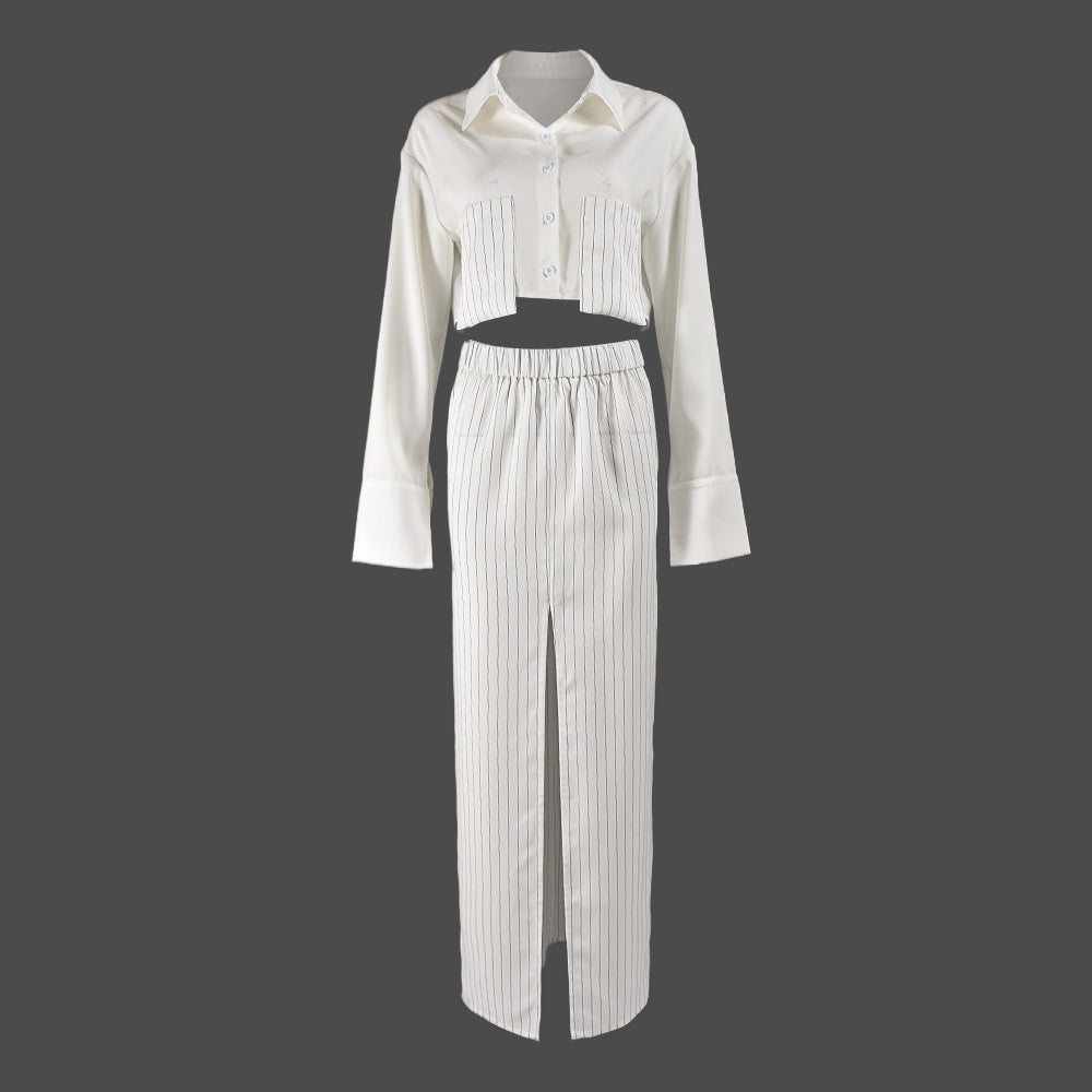 Autumn And Winter Women's Shirt Midriff-baring Long Sleeve Top Elastic Waist Skirt Suit