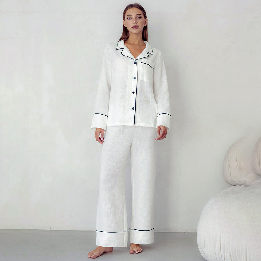 Simple And Comfortable Cardigan Pajamas Two-piece White Pocket Long Sleeve Ladies' Homewear