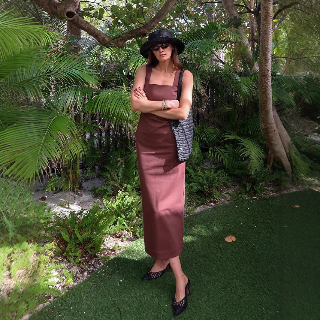 Simple Solid Color Square Collar Sling Dress