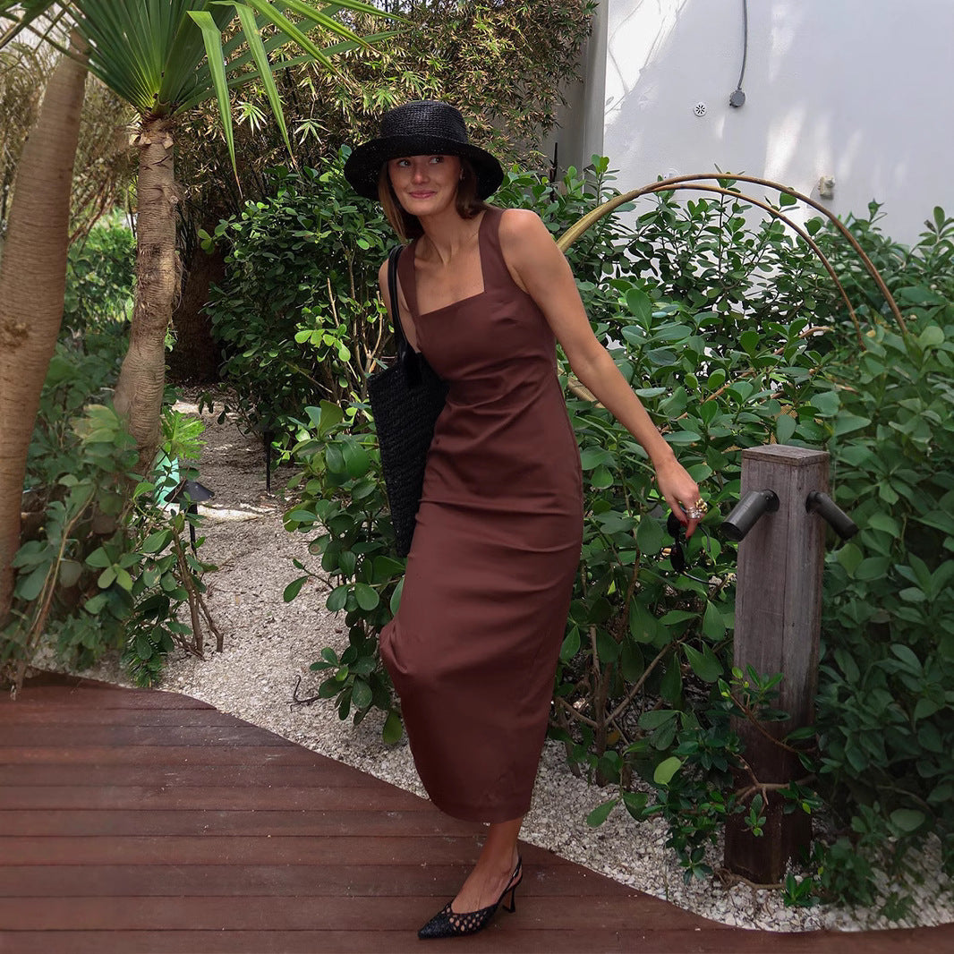 Simple Solid Color Square Collar Sling Dress